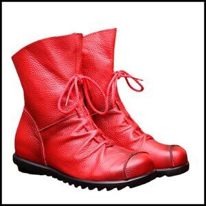 Genuine Leather Flat Boots, Chunky Heel, Non-Slip Sole, Historical Style